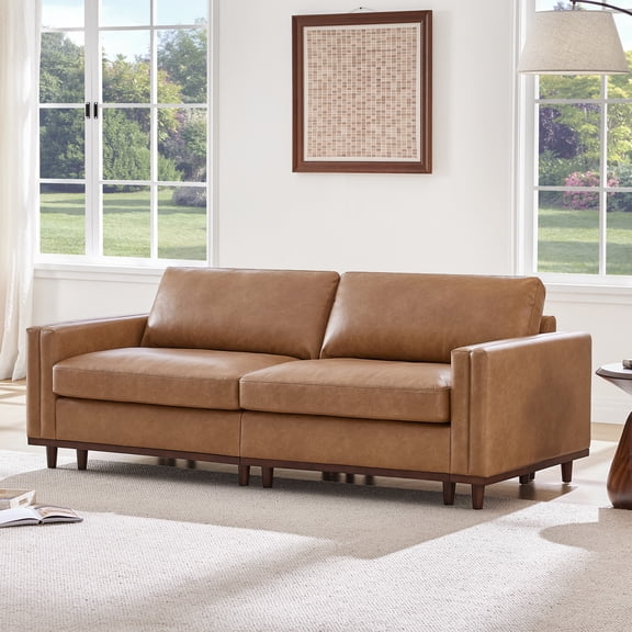 ReNest Oversized 2-Piece Modular Sofa with Solid Wood Base, Faux Leather, Feather-Blend Cushions, Camel, 83''W