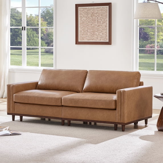 ReNest Oversized 2-Piece Modular Sofa with Solid Wood Base, Faux Leather, Feather-Blend Cushions, Camel, 83''W