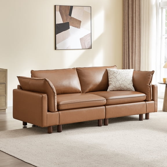 ReNest Oversized 2-Piece Modular Sofa with Solid Wood Legs, Down-Blend Cushions, Top Grain Leather, Saddle, 92.1"W