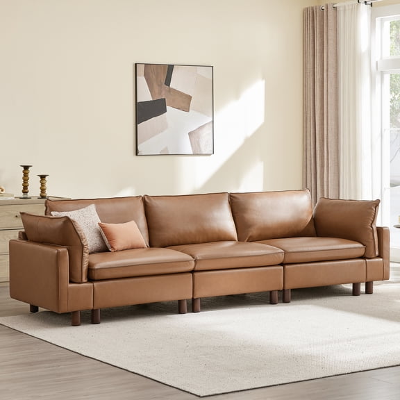 ReNest Oversized 3-Piece Modular Sofa with Solid Wood Legs, Down-Blend Cushions, Top Grain Leather, Saddle, 126.8"W