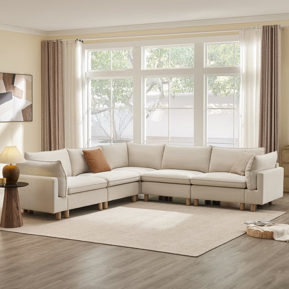 ReNest Oversized Corner Modular Sectional with Solid Wood Legs, Down-Blend Cushions, Cream Fabric, 118.1"W