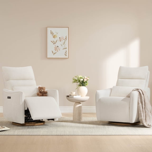 ReNest Swivel Power Recliner Chair, Nursery Glider Recliner with Power Headrest, USB & Type-C Charging Ports, Removable Lumbar Pillow, Cream Fabric