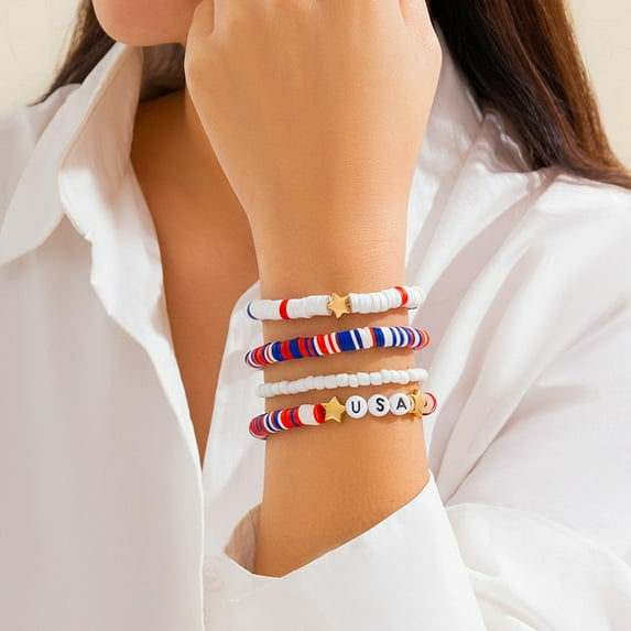 ReTeiv 4th of july,IndependenceDay‘s Flag Soft Ceramic Bracelet Independence Day Multi Layer Beaded Wrap Bracelet Woven Bracelet Independence Day Party Ideas and Decorations
