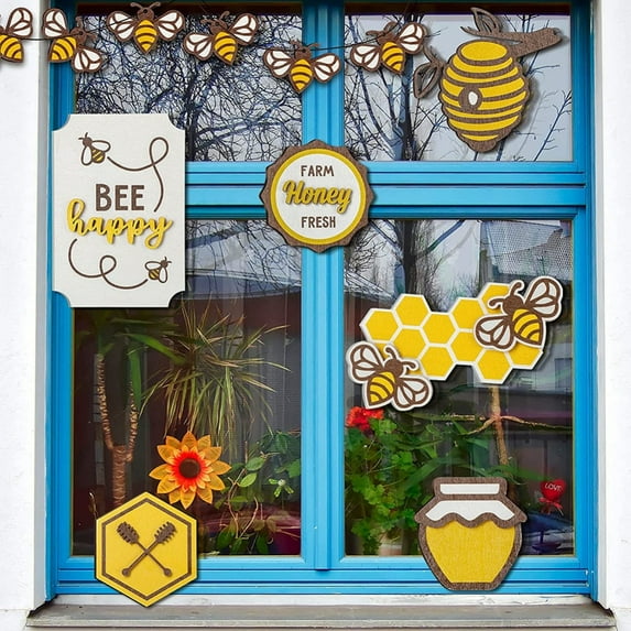 ReTeiv 7 Pieces Bee Decor For Home Tiered Tray Decor Honey Decor Bee Wood Signs For Farms House Decoration (Warm Bee Styles)
