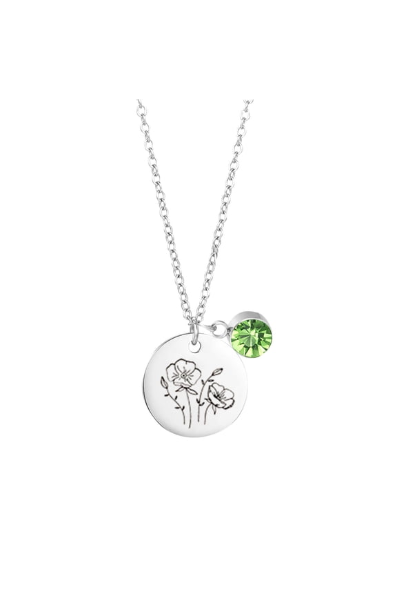 Birth Month Flowers Necklace With Birthstone, Birth Flower Pendant Necklace, Disc Coin Pendant Necklaces Birthday Gifts For Her Birth Flower Necklaces