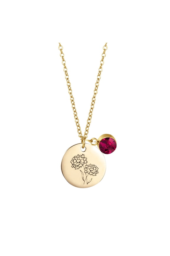 Birth Month Flowers Necklace With Birthstone, Birth Flower Pendant Necklace, Disc Coin Pendant Necklaces Birthday Gifts For Her Birth Flower Necklaces