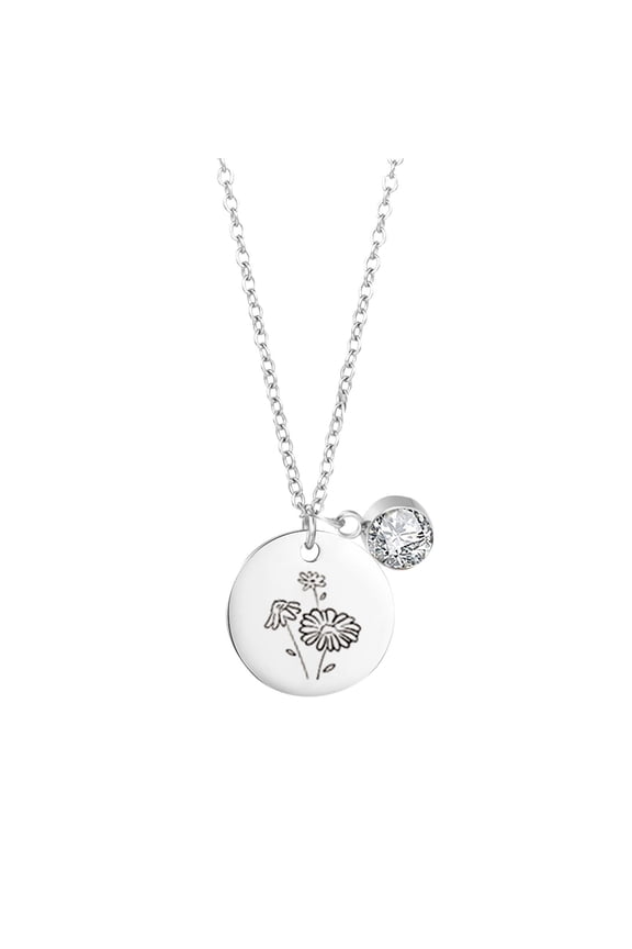 Birth Month Flowers Necklace With Birthstone, Birth Flower Pendant Necklace, Disc Coin Pendant Necklaces Birthday Gifts For Her Birth Flower Necklaces