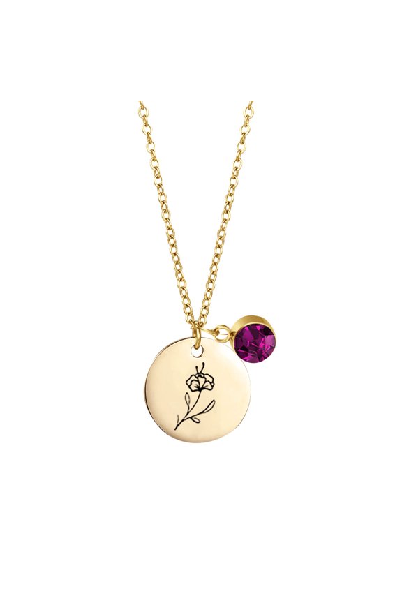 Birth Month Flowers Necklace With Birthstone, Birth Flower Pendant Necklace, Disc Coin Pendant Necklaces Birthday Gifts For Her Birth Flower Necklaces