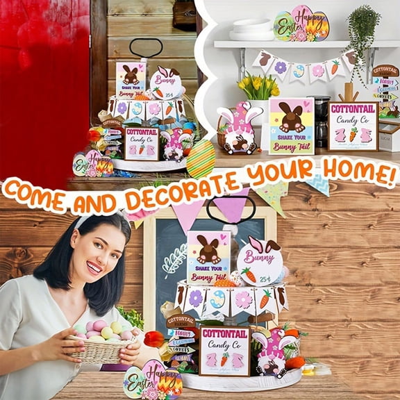 ReTeiv Easter Tiered Tray Decorative Wooden Crafts Carrot Bunny Desktop Kitchen Ornament