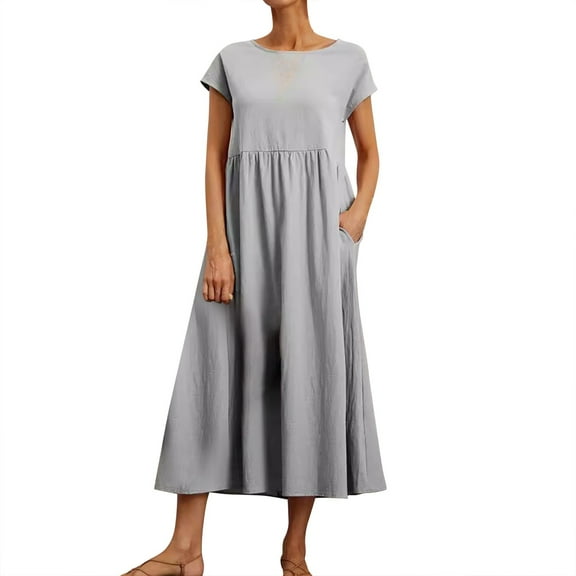 ReTeiv Summer Dresses for Women 2024,O-Neck Dress For Women Casual Comfy Cotton Linen Short Sleeve Tunic Beach Dresses With Pockets