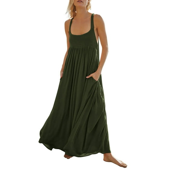 ReTeiv Summer Dresses for Women 2024,Women's Summer Sleeveless Dress Pleated Casual Maxi Dresses With Pockets