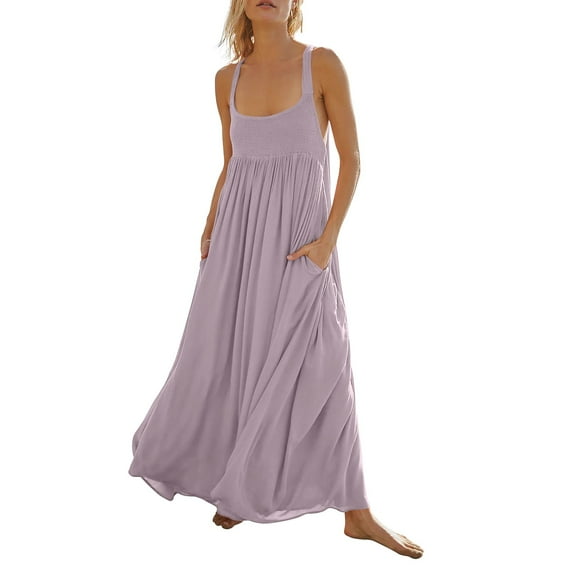 ReTeiv Summer Dresses for Women 2024,Women's Summer Sleeveless Dress Pleated Casual Maxi Dresses With Pockets