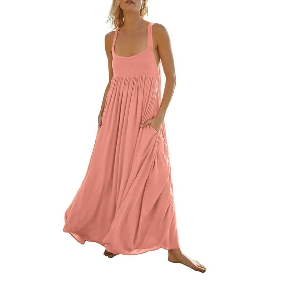 ReTeiv Summer Dresses for Women 2024,Women's Summer Sleeveless Dress Pleated Casual Maxi Dresses With Pockets