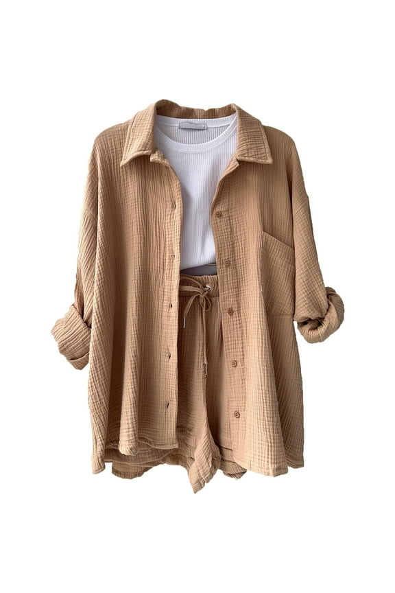 Women's Summer Two Piece Muslin Blouse Shirt And Shorts Clothes Two Piece Set Beach Outfit Set Two Piece Set Women