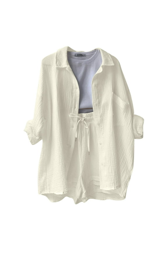 Women's Summer Two Piece Muslin Blouse Shirt And Shorts Clothes Two Piece Set Beach Outfit Set Two Piece Set Women