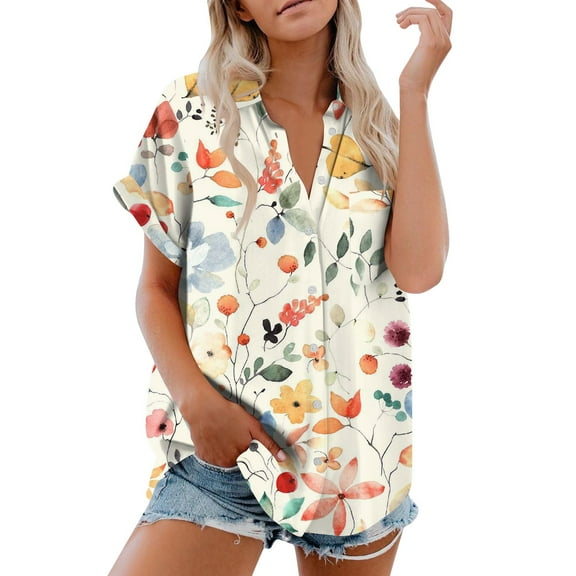 ReTeiv Womens Summer Tops Women's Short Sleeved Shirt, Daily Fashion Printed Button Top, Chest Pocket Cardigan