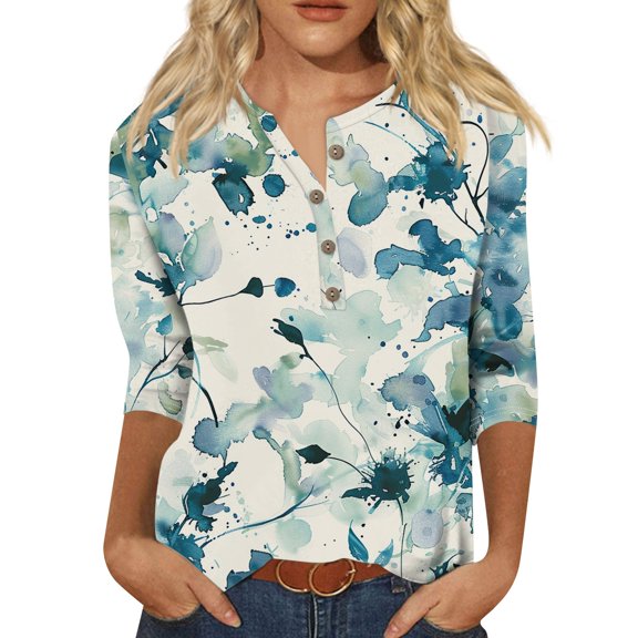 ReTeiv Womens Summer Tops Womens 3/4 Length Sleeve Tops Casual Button Down Summer Shirts Loose Fit Three Quarter Length Sleeve Blouse