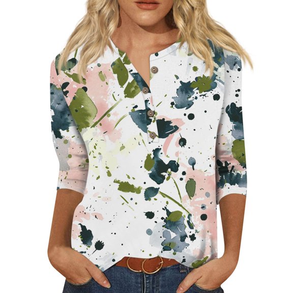 ReTeiv Womens Summer Tops Womens 3/4 Length Sleeve Tops Casual Button Down Summer Shirts Loose Fit Three Quarter Length Sleeve Blouse