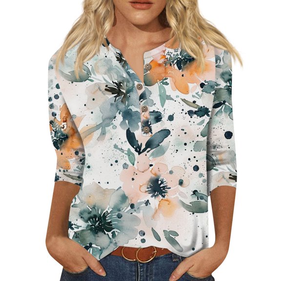 ReTeiv Womens Summer Tops Womens 3/4 Length Sleeve Tops Casual Button Down Summer Shirts Loose Fit Three Quarter Length Sleeve Blouse