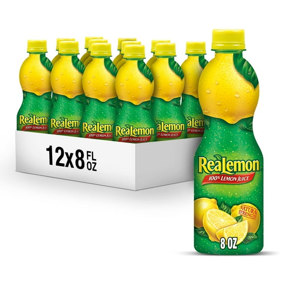 Realemon 100% Lemon Juice, 8 Fl Oz Bottle (Pack Of 12), Made With Lemon Juice From Concentrate, Gluten-Free, Sodium Free, Perfect Mixer To Add To Cocktails And Marinades