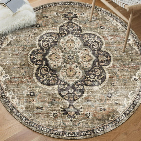 ReaLife Machine Washable Area Rug - Living Room Bedroom Bathroom Kitchen Entryway Office - Non Slip Low Pile Stain Resistant Premium - Boho Farmhouse Vintage - Joy - Brown Beige 6' Round