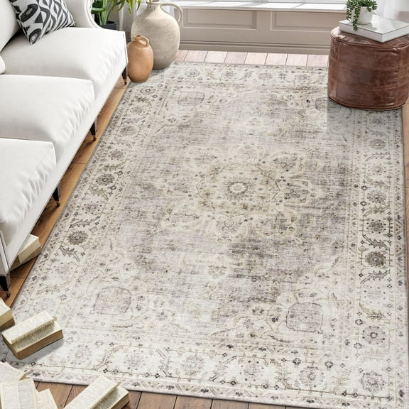 ReaLife Machine Washable Area Rug - Living Room Bedroom Bathroom Kitchen Entryway Office - Padded Crease Free Stain Resistant Premium - Boho Farmhouse Vintage- Joy- Beige Ivory - 2'x 3'