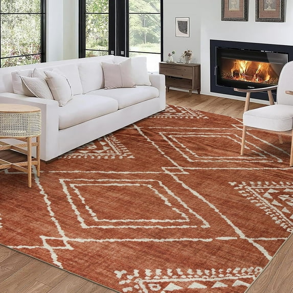 ReaLife Rugs Machine Washable Area Rug - Living Room Bedroom Bathroom Kitchen Entryway Office - Padded Crease Free Stain Resistant Premium - Moroccan Tribal Diamond - Jax- Orange - 2'x 3'