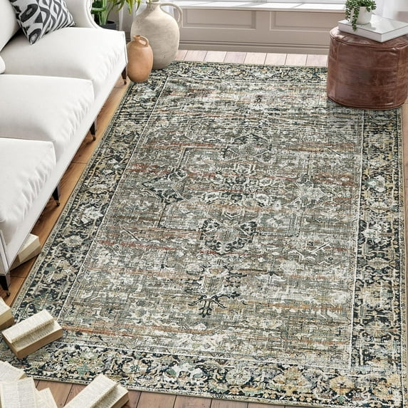 ReaLife Machine Washable Area Rug - Living Room Bedroom Bathroom Kitchen Entryway Office - Padded Low Pile Stain Resistant Premium - Boho Farmhouse Vintage - Lyle - Brown 7'6" x 9'6"