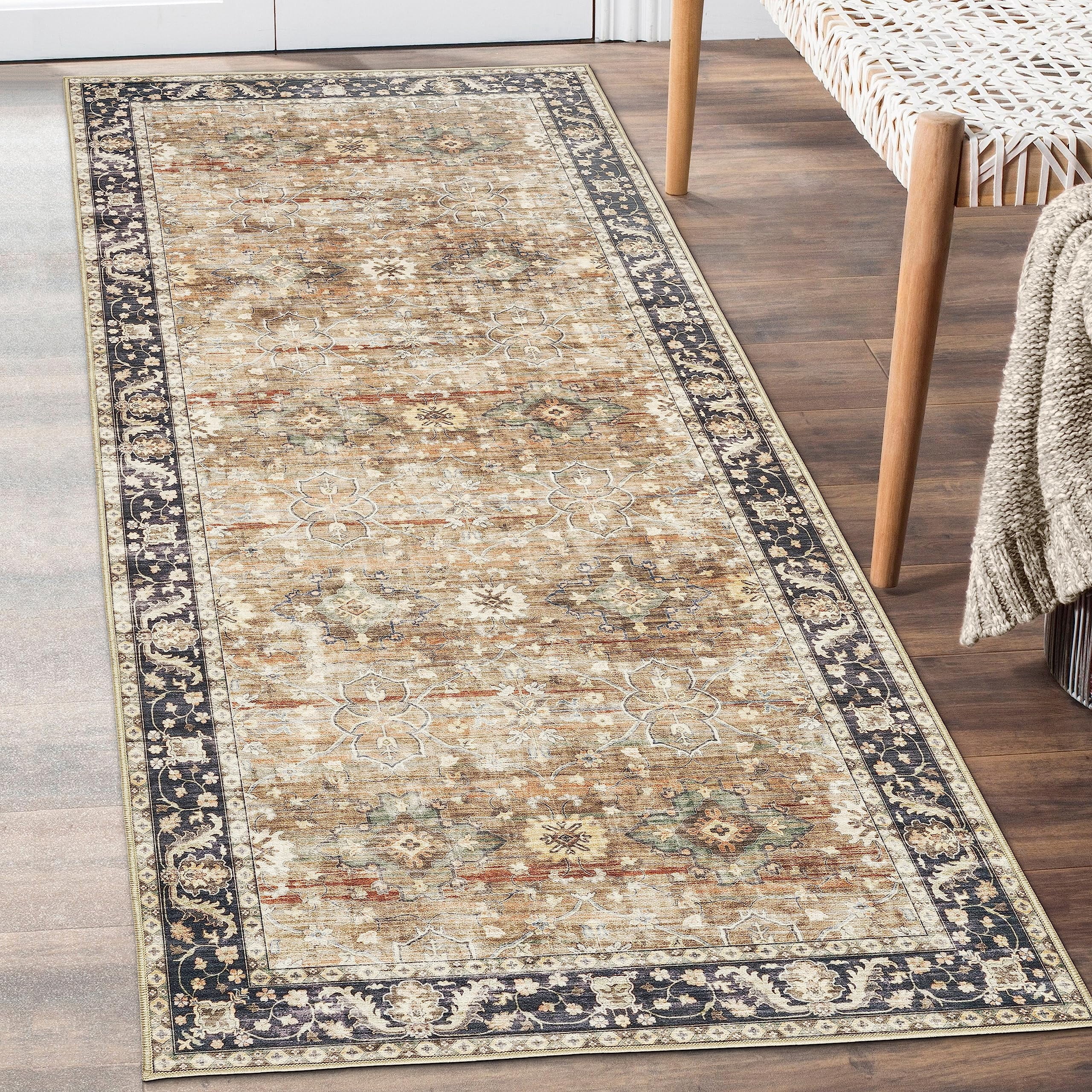 ReaLife Machine Washable Area Rug Runner - Living Room Bedroom Bathroom Kitchen Entryway Office - Padded Low Pile Stain Resistant Premium - Boho Farmhouse Vintage - Bev - Beige Tan Brown 2'6" x 10'
