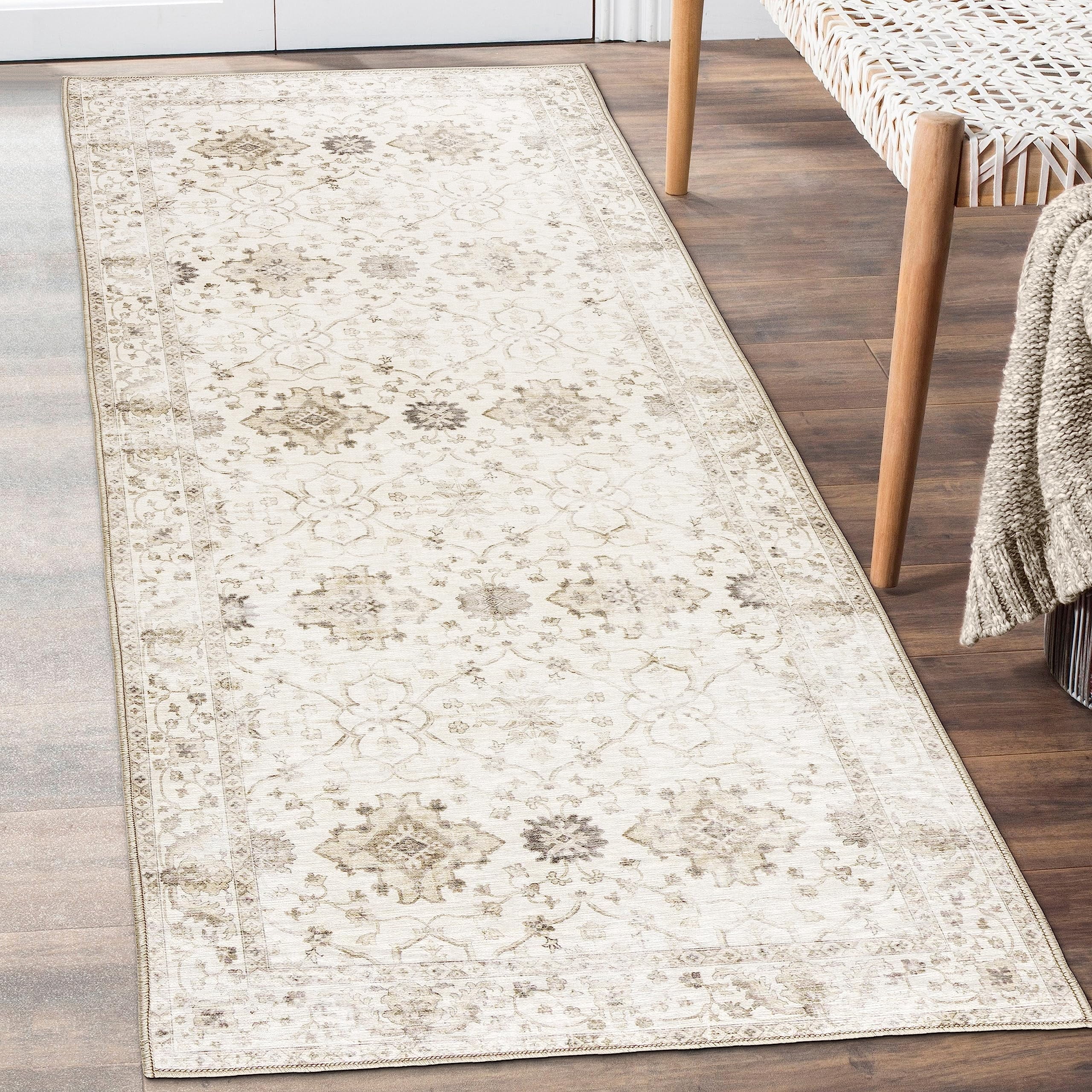 ReaLife Machine Washable Area Rug Runner - Living Room Bedroom Bathroom Kitchen Entryway Office - Padded Low Pile Stain Resistant Premium - Boho Farmhouse Vintage - Bev - Beige 2'6" x 8'