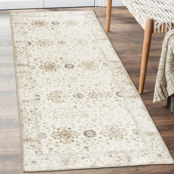 ReaLife Machine Washable Area Rug Runner - Living Room Bedroom Bathroom Kitchen Entryway Office - Padded Low Pile Stain Resistant Premium - Boho Farmhouse Vintage - BEV - Beige 2'6" x 6'