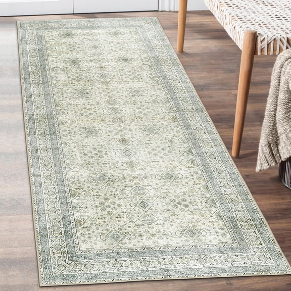 ReaLife Machine Washable Area Rug Runner - Living Room Bedroom Bathroom Kitchen Entryway Office - Padded Low Pile Stain Resistant Premium - Boho Farmhouse Vintage - Bev - Green 2'6" x 8'