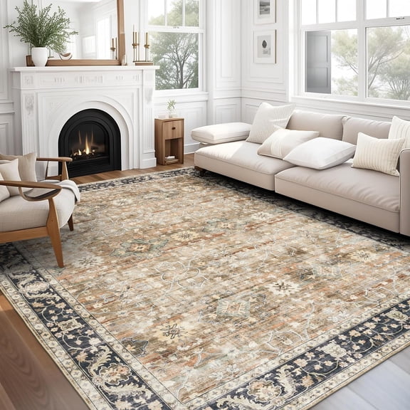 ReaLife Machine Washable Area Rug Runner - Living Room Bedroom Bathroom Kitchen Entryway Office - Padded Low Pile Stain Resistant Premium - Boho Farmhouse Vintage - Bev - Beige Tan Brown 3' x 5'