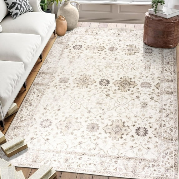 ReaLife Machine Washable Area Rug Runner - Living Room Bedroom Bathroom Kitchen Entryway Office - Padded Low Pile Stain Resistant Premium - Boho Farmhouse Vintage - Bev - Beige 3' x 5'