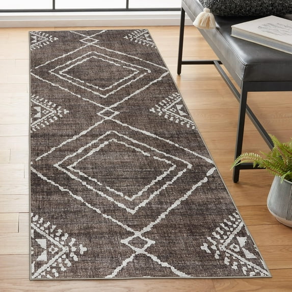 ReaLife Rugs Machine Washable Area Rug Runner - Living Room Bedroom Bathroom Kitchen Entryway Office - Padded Low Pile Stain Resistant Premium - Moroccan Diamond Tribal - Jax - Brown 2'6" x 6'