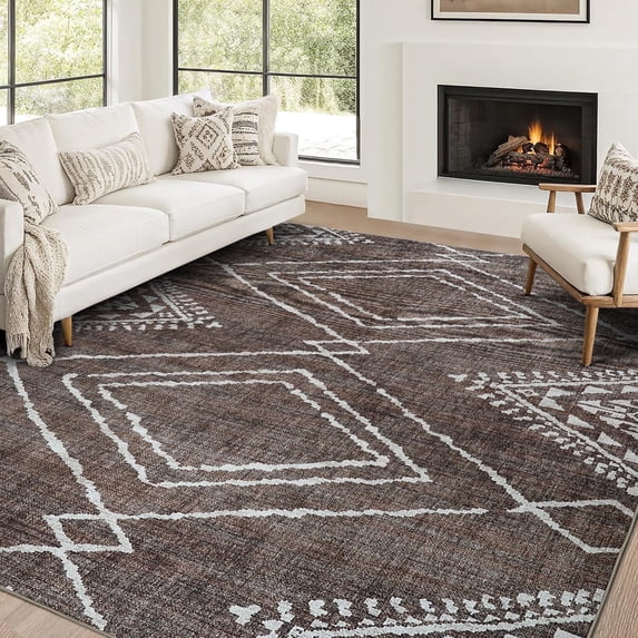 ReaLife Rugs Machine Washable Area Rug Runner - Living Room Bedroom Bathroom Kitchen Entryway Office - Padded Low Pile Stain Resistant Premium - Moroccan Diamond Tribal - Jax - Brown 3' x 5'