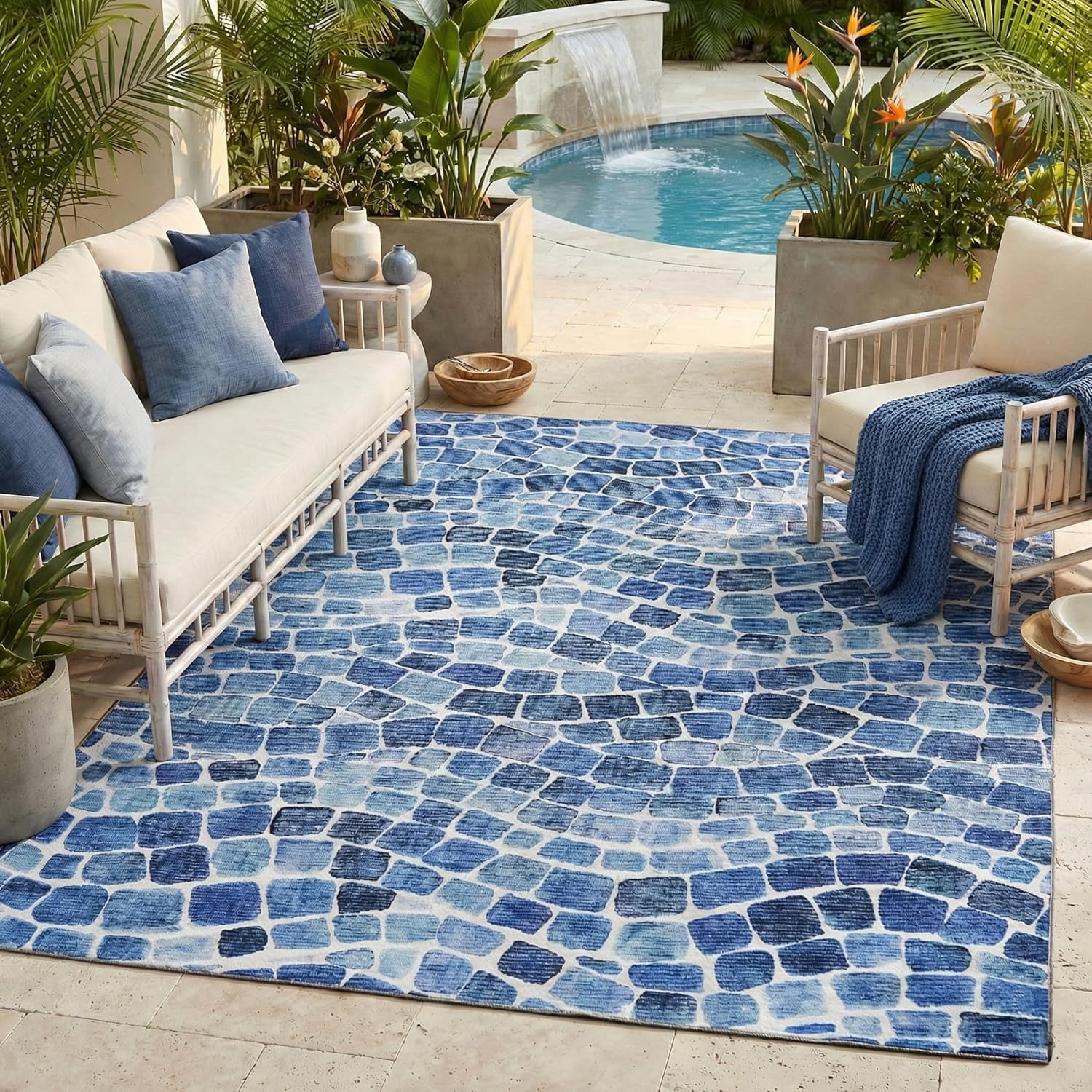 ReaLife Machine Washable Indoor Outdoor - Mat Rug Foldable Printed Thin Lightweight Cushioned Fade Resistant Patio Deck Dock Porch Pool Balcony Camping - Emery- Blue 4' x 6'