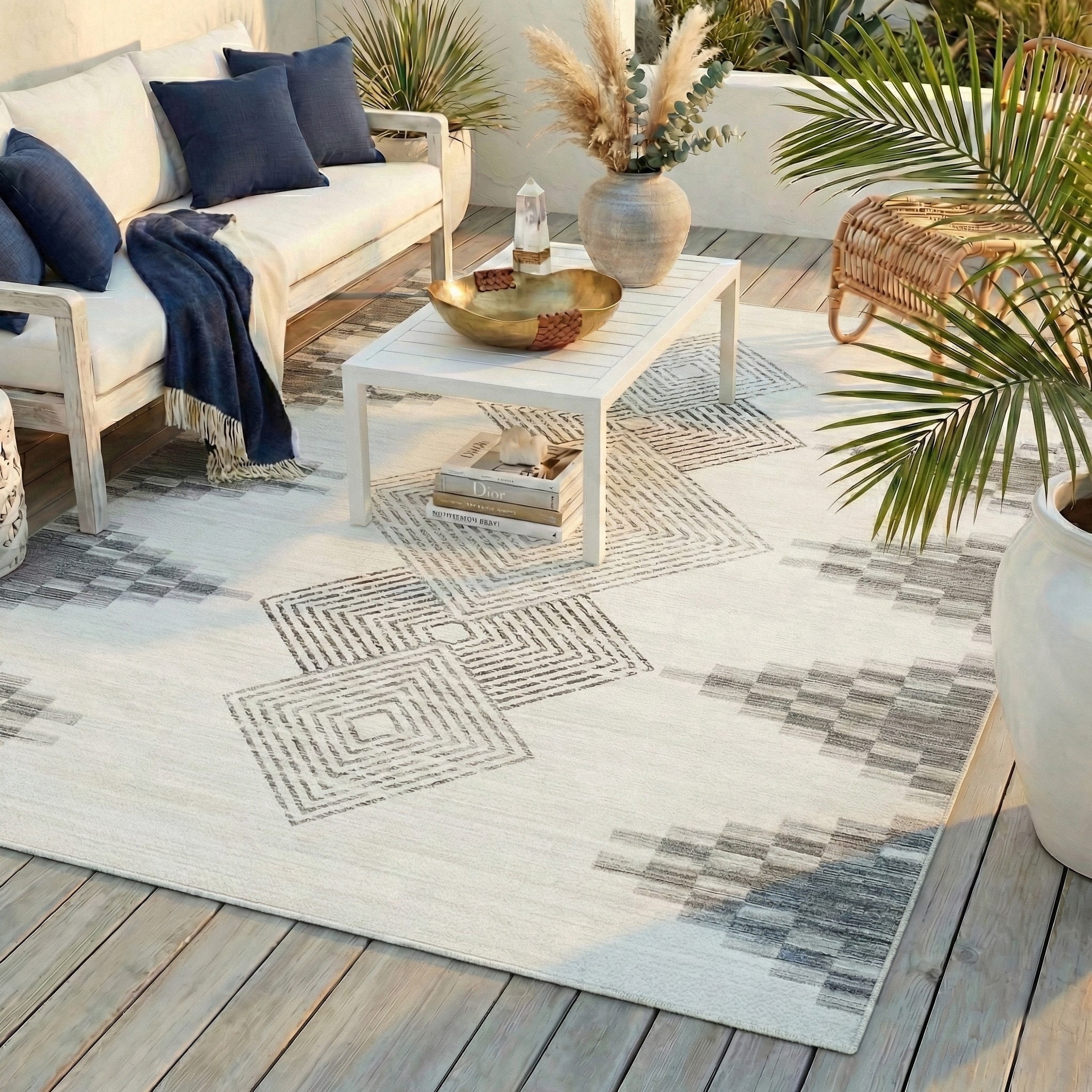 ReaLife Machine Washable Indoor Outdoor - Mat Rug Foldable Printed Thin Lightweight Cushioned Fade Resistant Patio Deck Dock Porch Pool Balcony Camping - Everly - Beige 4' x 6'