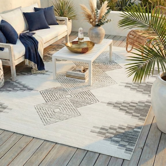 ReaLife Machine Washable Indoor Outdoor - Mat Rug Foldable Printed Thin Lightweight Cushioned Fade Resistant Patio Deck Dock Porch Pool Balcony Camping - Everly - Beige 4' x 6'