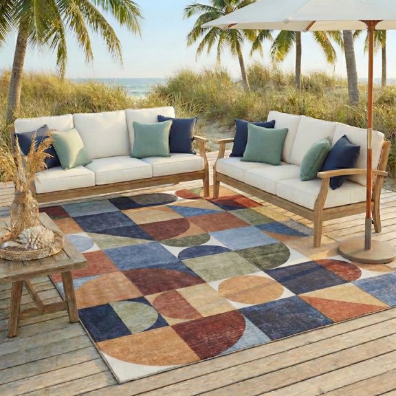 ReaLife Machine Washable Indoor Outdoor - Mat Rug Foldable Printed Thin Lightweight Cushioned Fade Resistant Patio Deck Dock Porch Pool Balcony Camping - Naya - Blue Red Green 4' x 6'