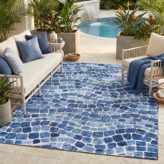 ReaLife Machine Washable Indoor Outdoor - Mat Rug Foldable Printed Thin Lightweight Cushioned Fade Resistant Patio Deck Dock Porch Pool Balcony Camping - Emery- Blue 6' x 9'