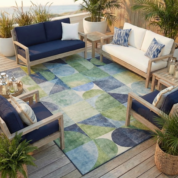 ReaLife Machine Washable Indoor Outdoor - Mat Rug Foldable Printed Thin Lightweight Cushioned Fade Resistant Patio Deck Dock Porch Pool Balcony Camping - Naya - Blue Green 4' x 6'