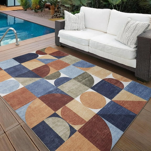ReaLife Machine Washable Indoor Outdoor - Mat Rug Foldable Printed Thin Lightweight Cushioned Fade Resistant Patio Deck Dock Porch Pool Balcony Camping - Naya - Blue Red Green 5' x 7'