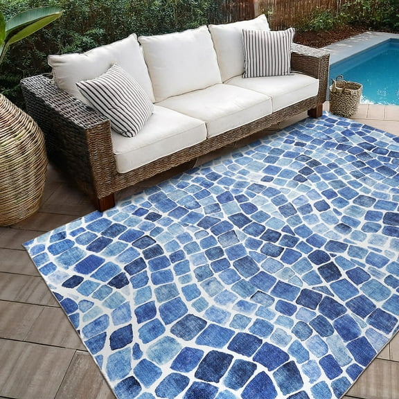 ReaLife Machine Washable Indoor Outdoor - Mat Rug Foldable Printed Thin Lightweight Cushioned Fade Resistant Patio Deck Dock Porch Pool Balcony Camping - Emery- Blue 6' x 9'