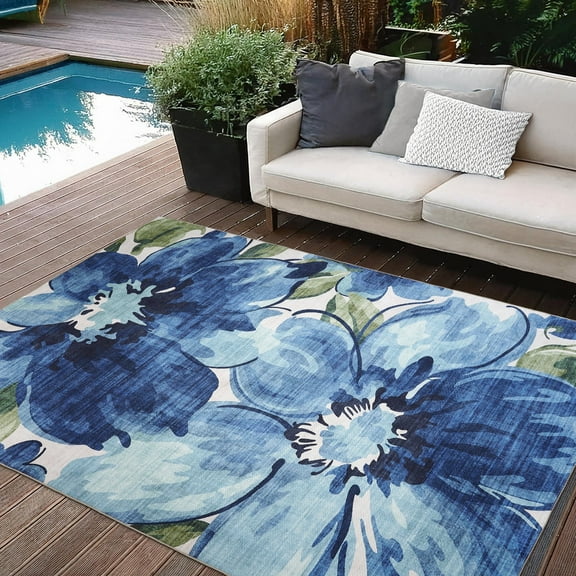 ReaLife Machine Washable Indoor Outdoor - Mat Rug Foldable Printed Thin Lightweight Cushioned Fade Resistant Patio Deck Dock Porch Pool Balcony Camping - Kai - Blue Green 5' x 7'