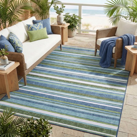 ReaLife Machine Washable Indoor Outdoor - Mat Rug Foldable Printed Thin Lightweight Cushioned Fade Resistant Patio Deck Dock Porch Pool Balcony Camping - Isla - Blue Green 4' x 6'