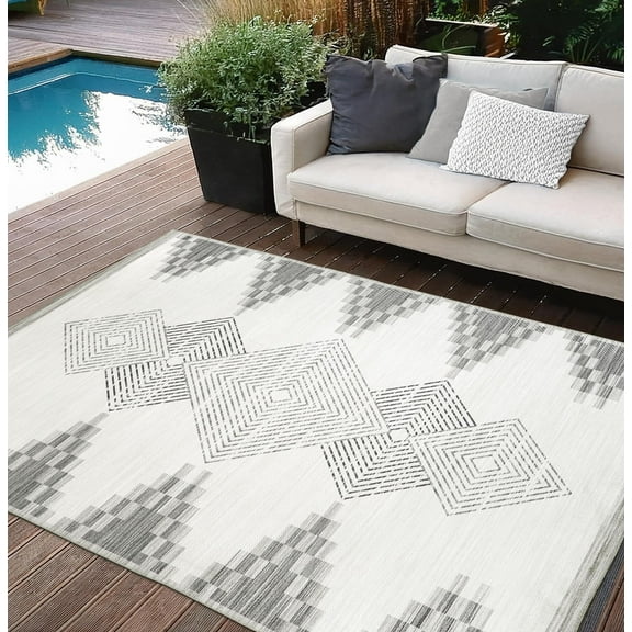 ReaLife Machine Washable Indoor Outdoor - Mat Rug Foldable Printed Thin Lightweight Cushioned Fade Resistant Patio Deck Dock Porch Pool Balcony Camping - Everly - Beige 5' x 7'
