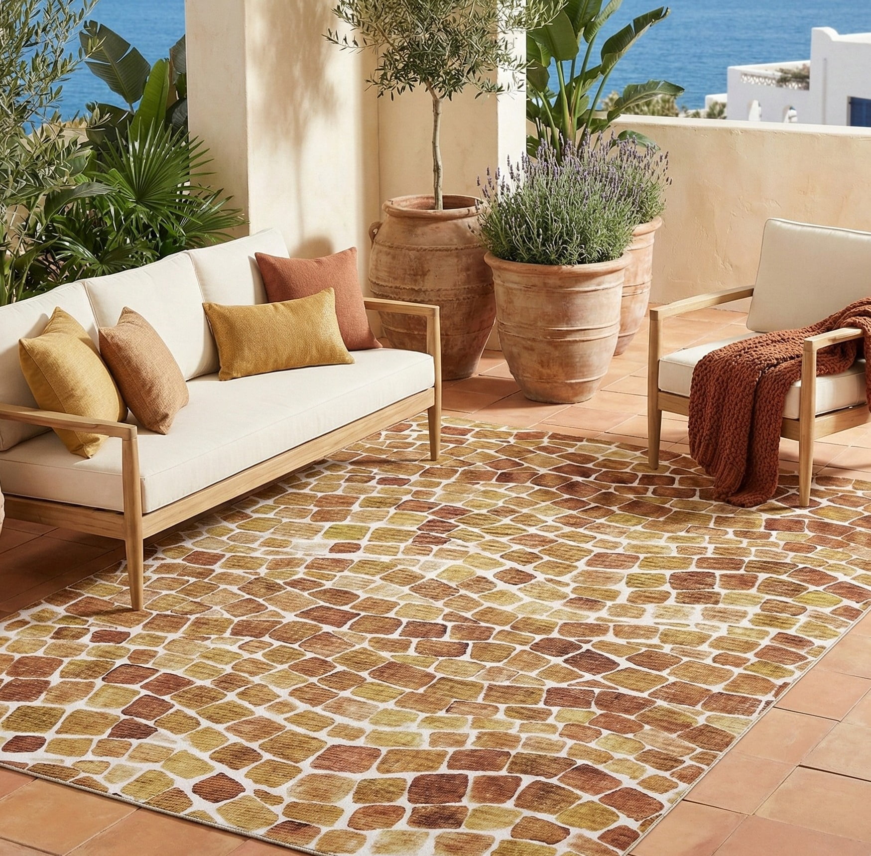ReaLife Machine Washable Indoor Outdoor - Mat Rug Foldable Printed Thin Lightweight Cushioned Fade Resistant Patio Deck Dock Porch Pool Balcony Camping - Emery - Red Orange 5' x 7'