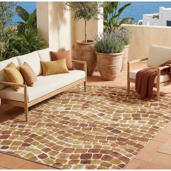 ReaLife Machine Washable Indoor Outdoor - Mat Rug Foldable Printed Thin Lightweight Cushioned Fade Resistant Patio Deck Dock Porch Pool Balcony Camping - Emery - Red Orange 5' x 7'