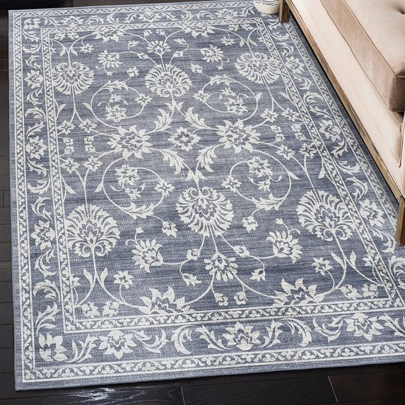 ReaLife Machine Washable Rug - Stain Resistant, Non-Shed - Eco-Friendly, Non-Slip, Family & Pet Friendly - Eva Floral Scroll Border - Gray Beige - 5' x 7'